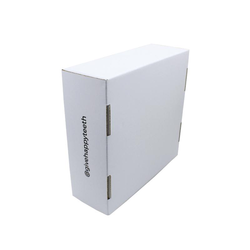 Custom large white mailer boxes with black logo text
