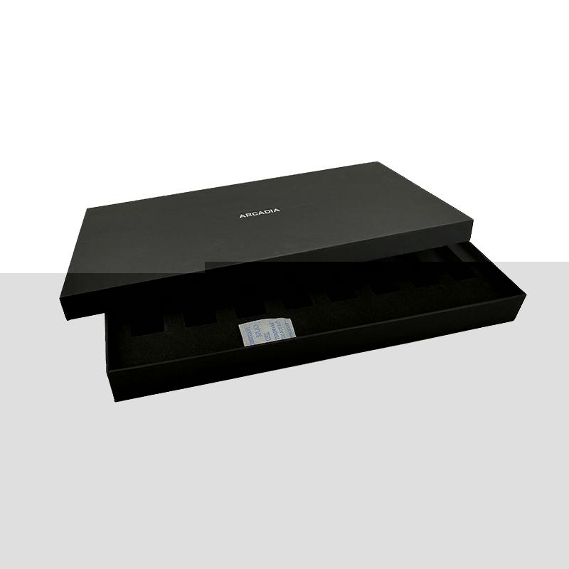 Custom rigid black gift box with lid and divider EVA padding