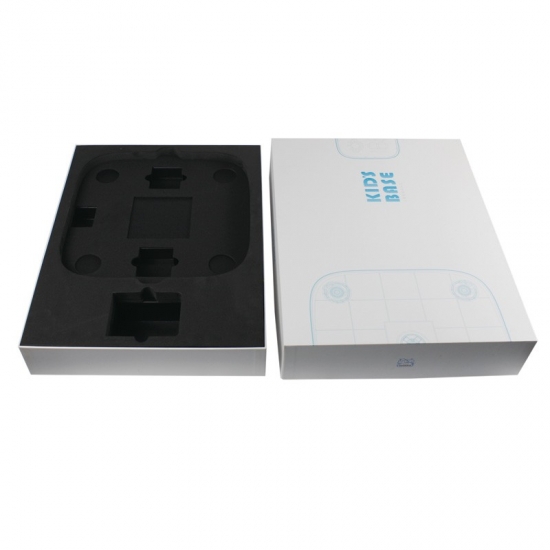 white paper boxes with lids and black padding